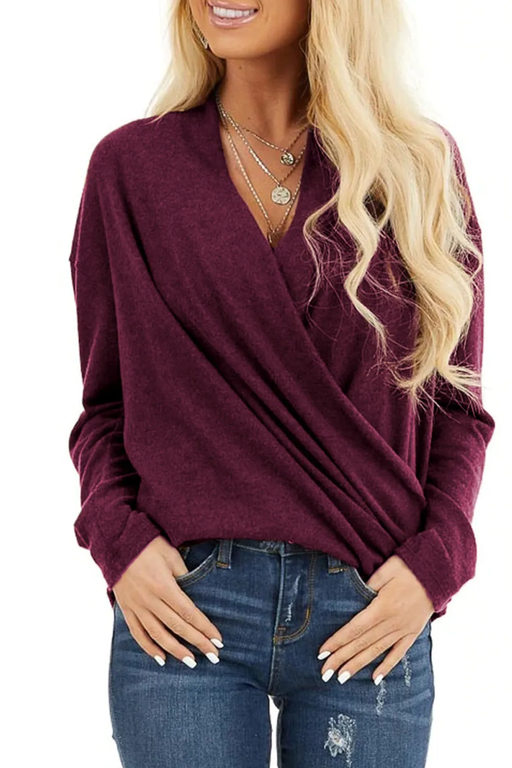 V-Neck Wrap Front Irregular Twist Hem Long Sleeve Top