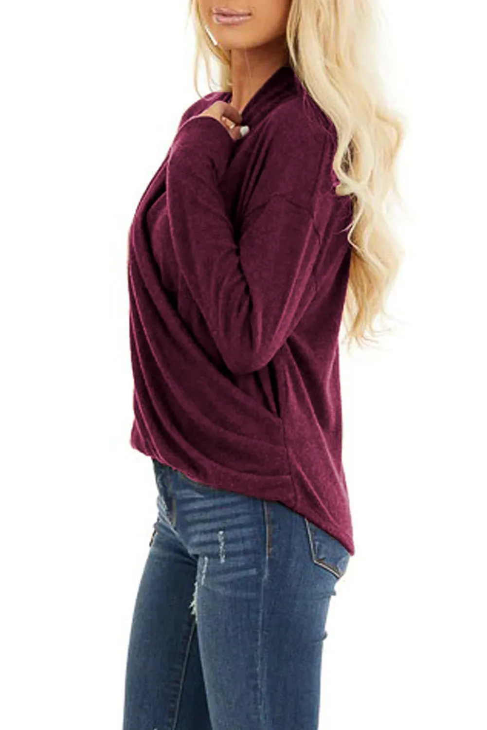 V-Neck Wrap Front Irregular Twist Hem Long Sleeve Top