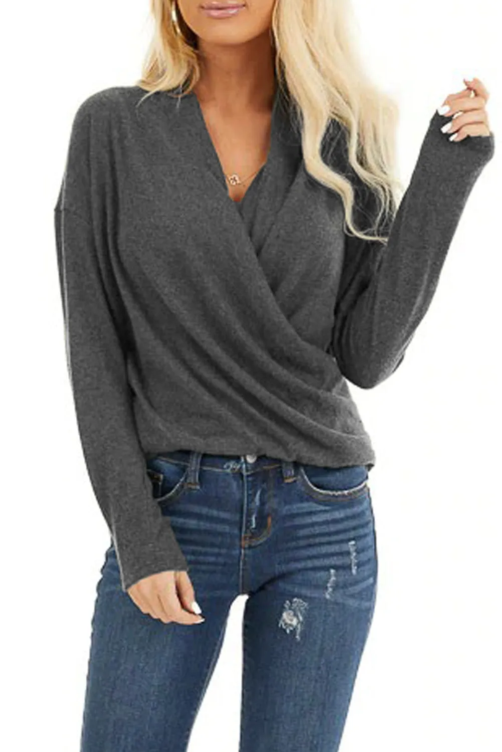V-Neck Wrap Front Irregular Twist Hem Long Sleeve Top