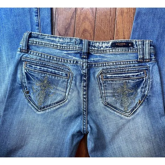 Vigoss Jeans Bootcut size 7 Light Wash embroidered back pockets