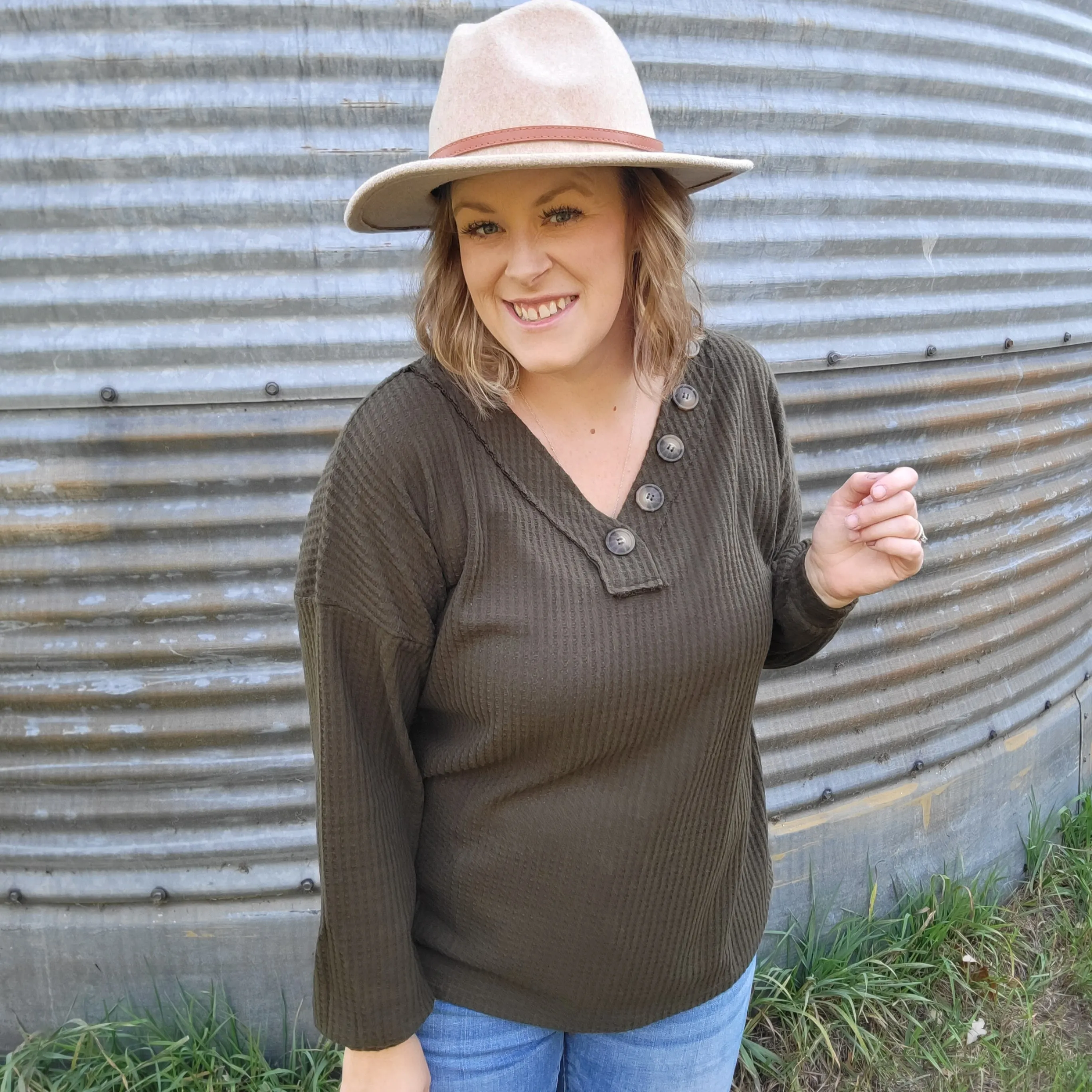 Waffle Knit V Neck Button Detail Long Sleeve - Olive