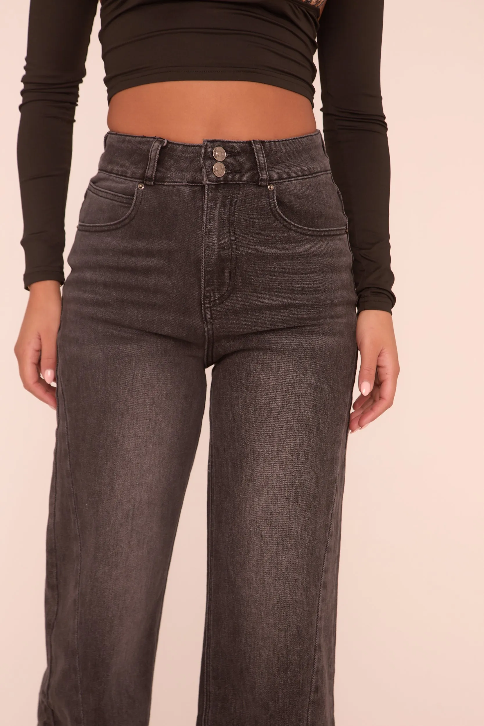 Washed Black Stretch Seam Detail Wide Leg Denim Jeans - Lyra