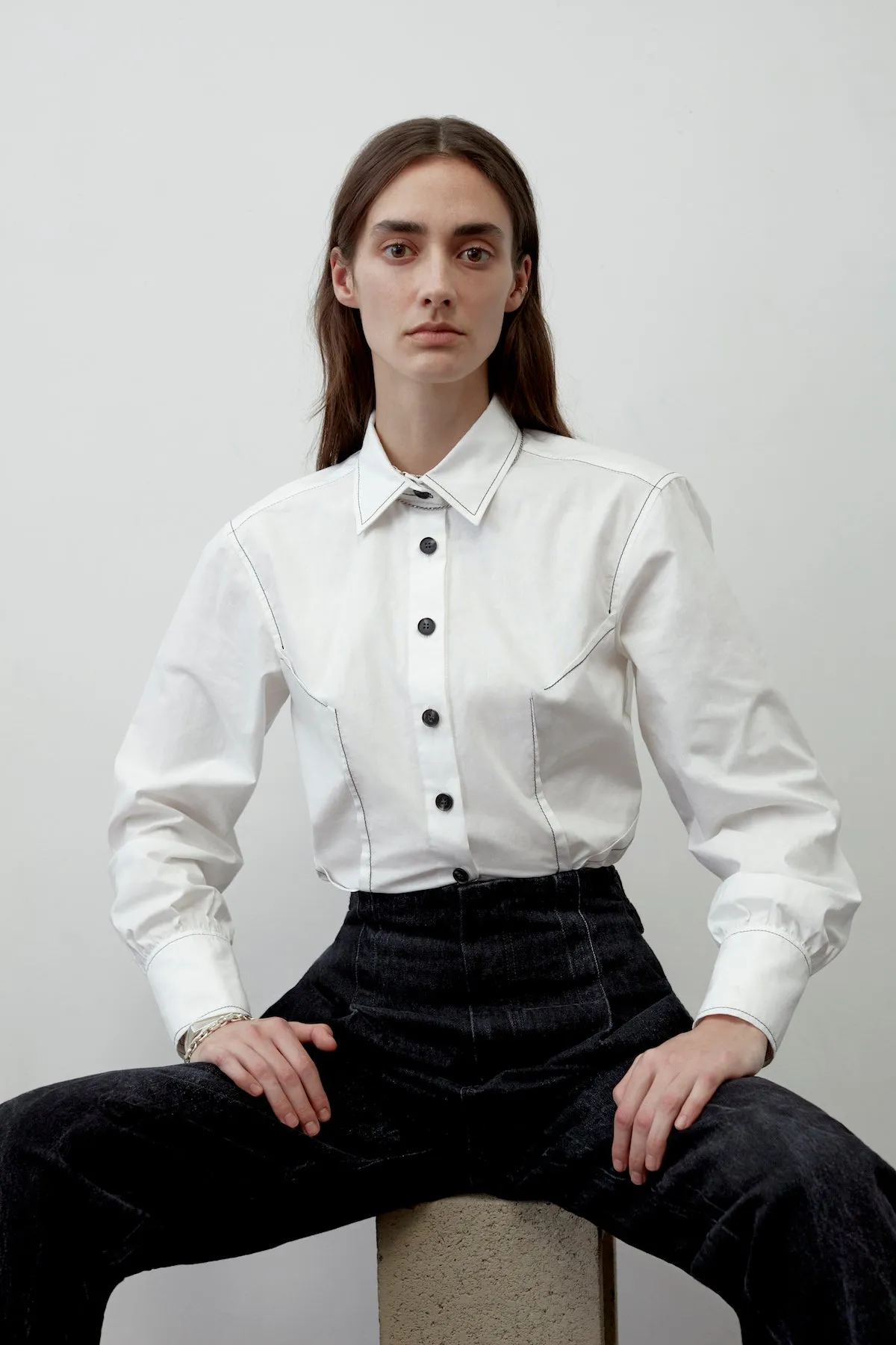White cotton poplin dart front shirt