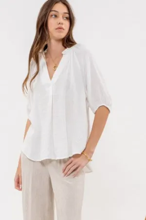 White Linen Like V Neck Blouse with Elastic Sleeve