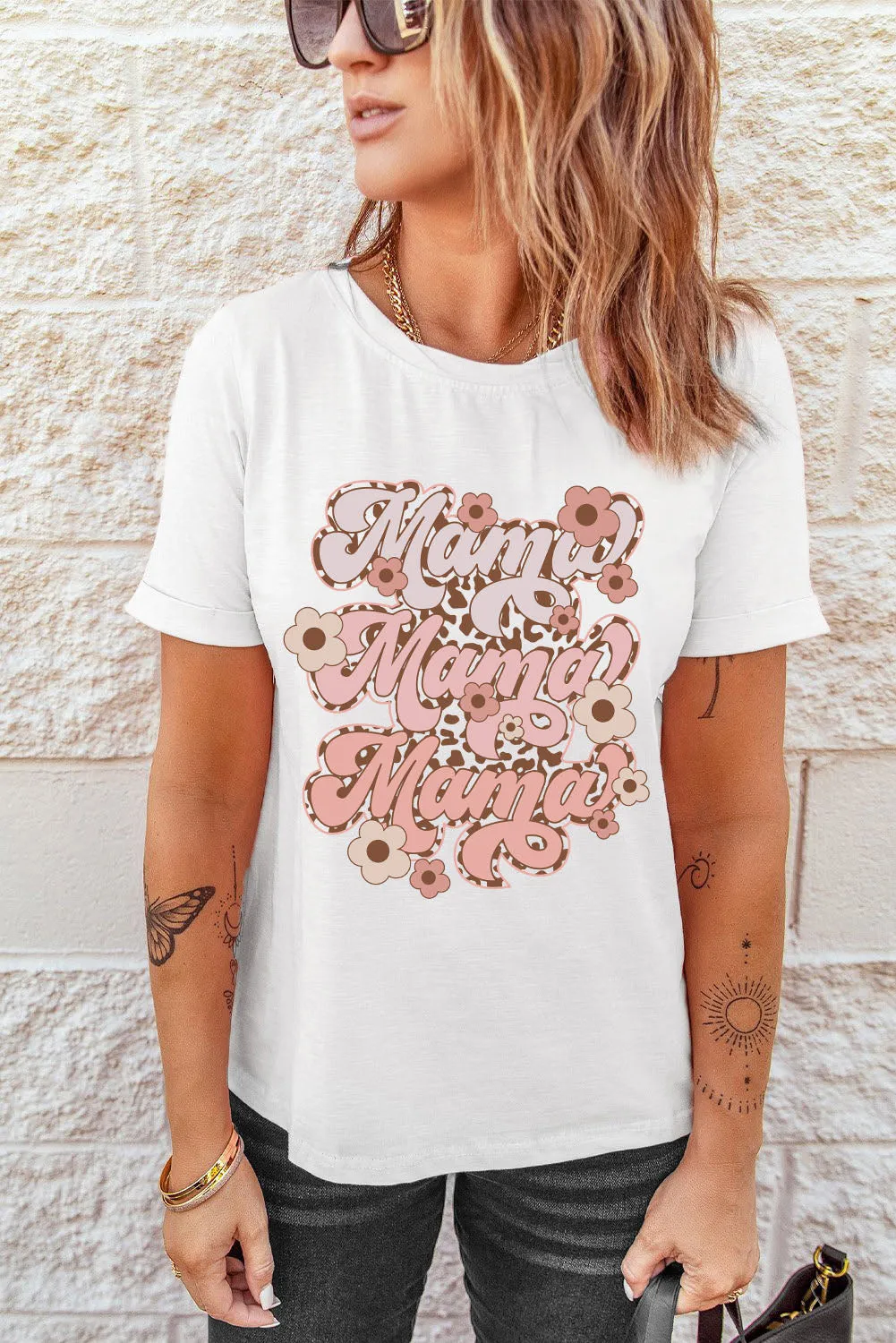 White Mama Flower Leopard Graphic Tee