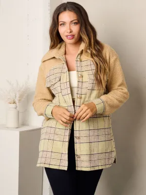 WOMEN'S LONG SLEEVE BUTTON CLOSURE PLAID SHERPA JACKET