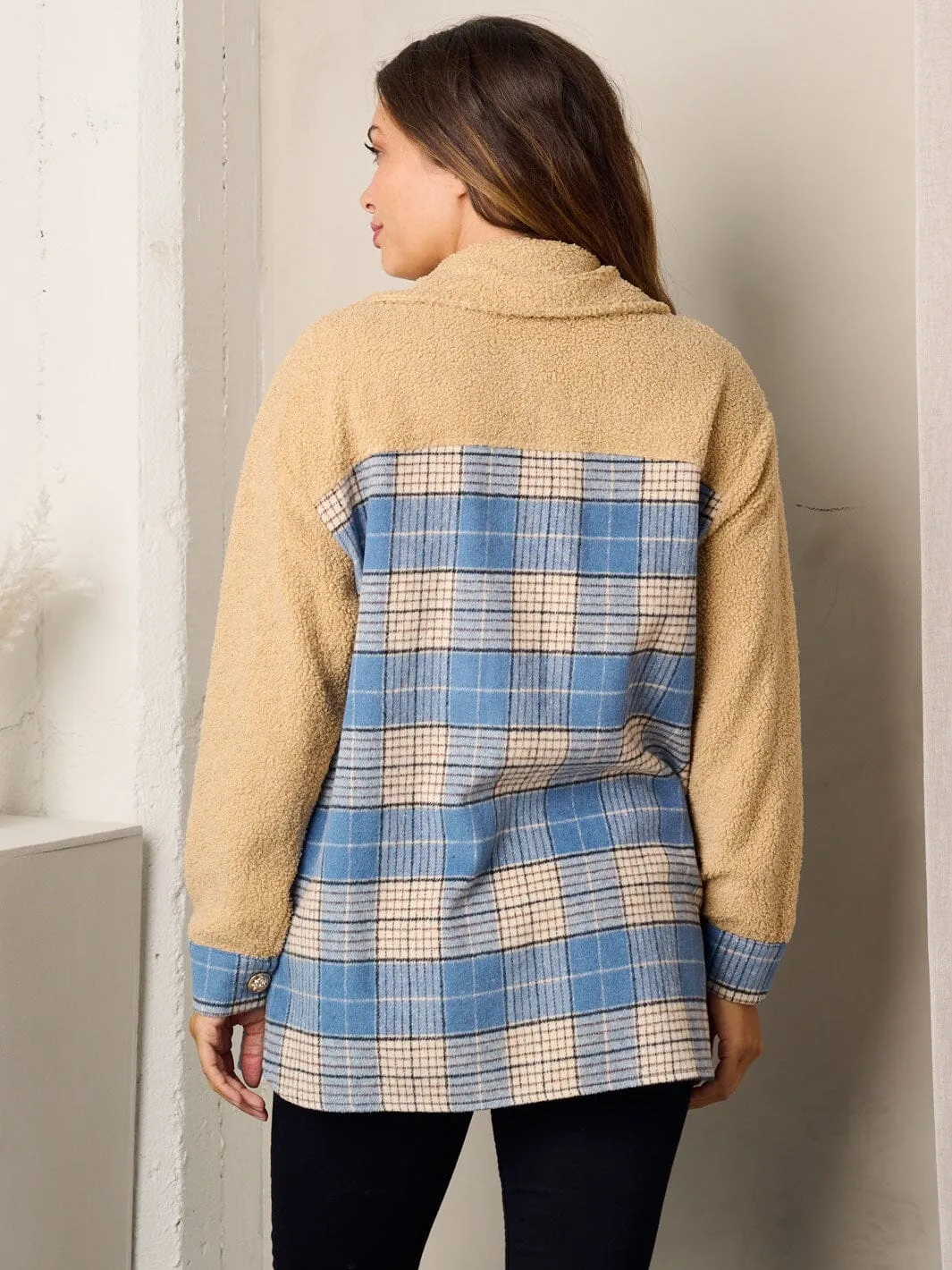 WOMEN'S LONG SLEEVE BUTTON CLOSURE PLAID SHERPA JACKET