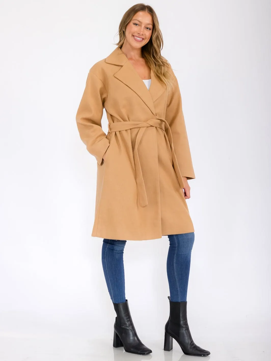 WOMEN'S LONG SLEEVE BUTTON CLOSURE POCKETS SELF TIE COAT