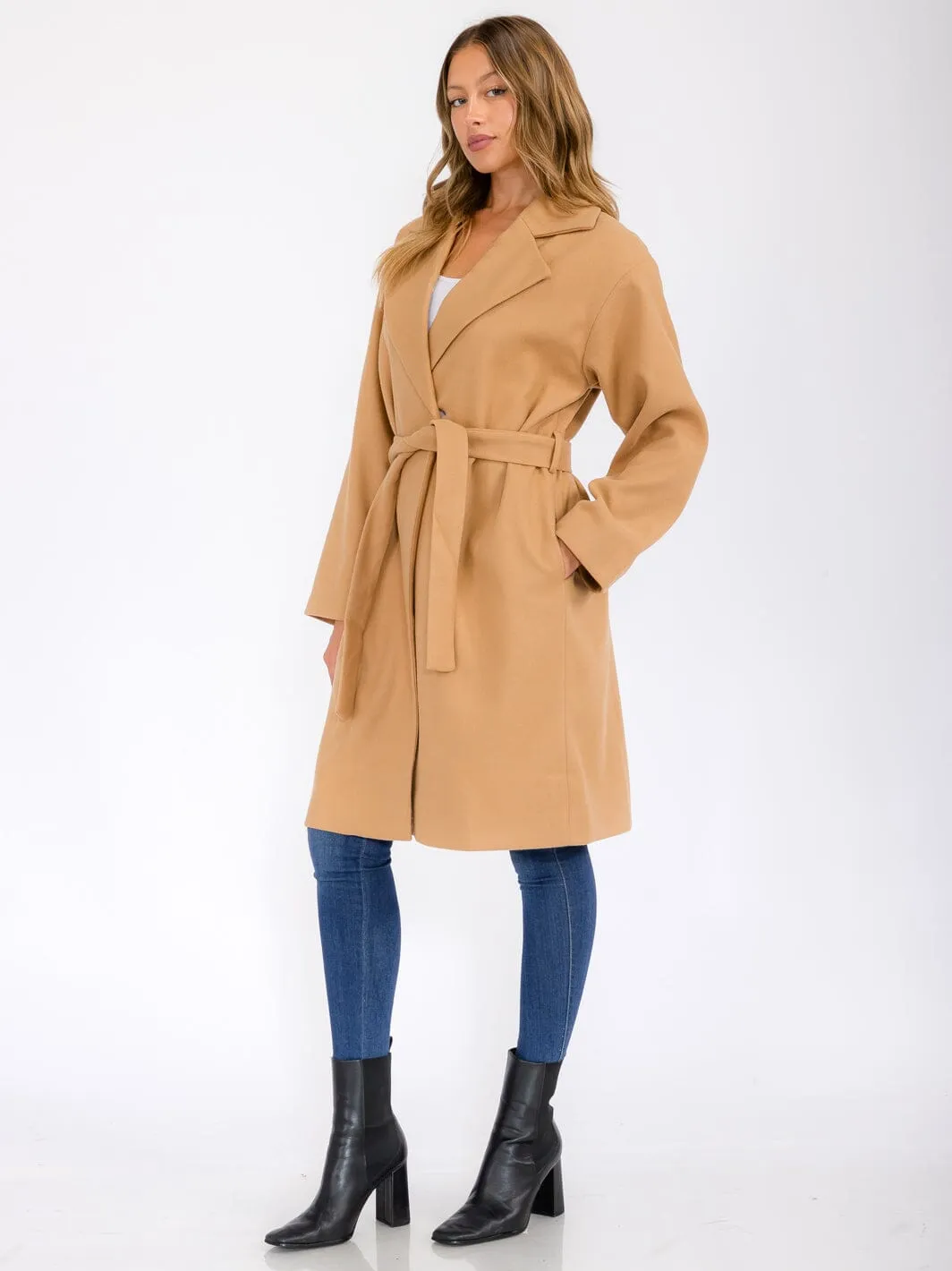 WOMEN'S LONG SLEEVE BUTTON CLOSURE POCKETS SELF TIE COAT