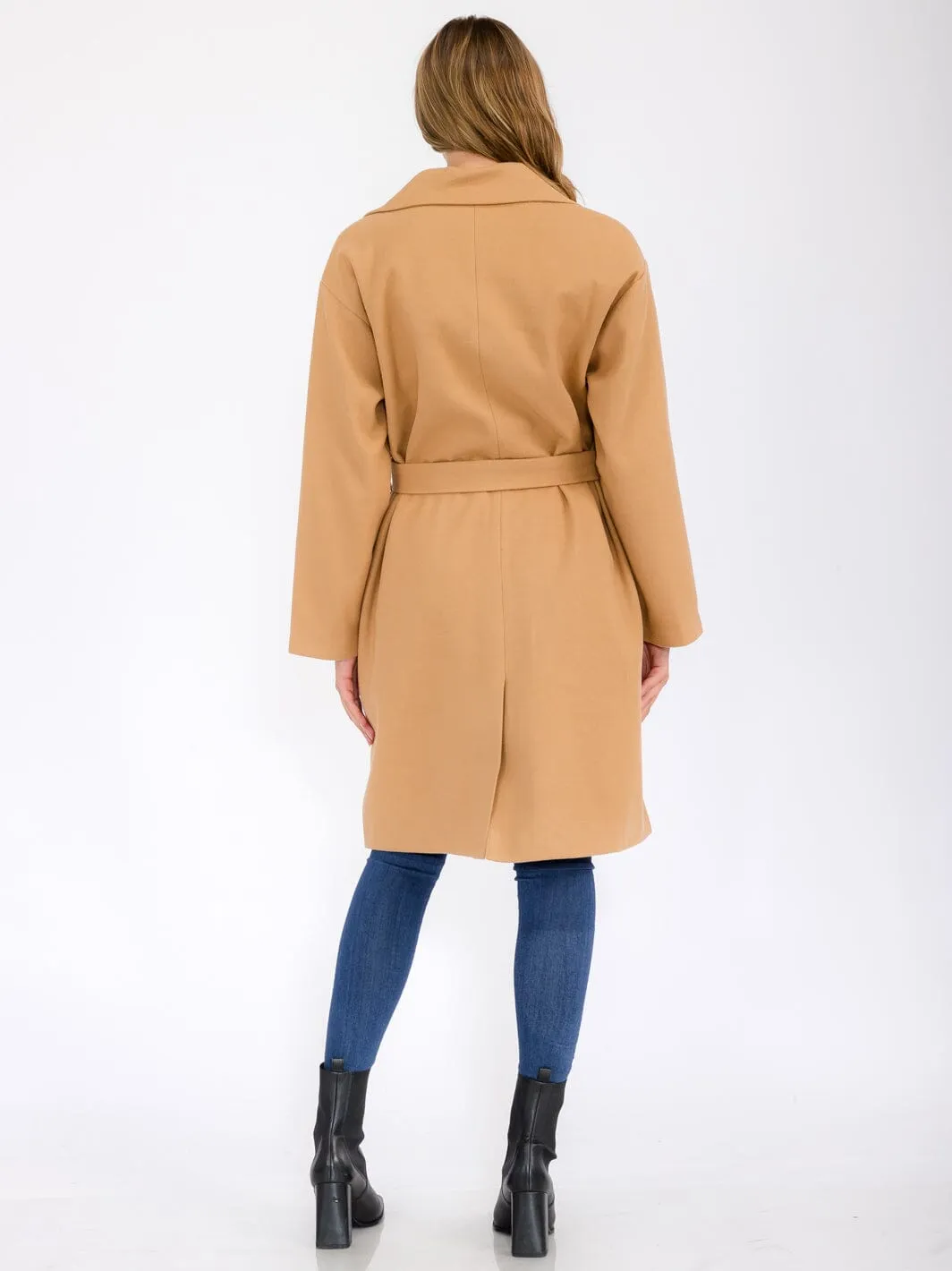 WOMEN'S LONG SLEEVE BUTTON CLOSURE POCKETS SELF TIE COAT