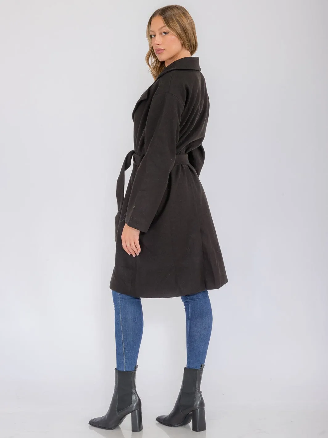 WOMEN'S LONG SLEEVE BUTTON CLOSURE POCKETS SELF TIE COAT