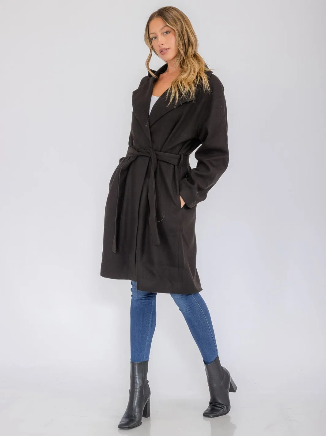 WOMEN'S LONG SLEEVE BUTTON CLOSURE POCKETS SELF TIE COAT