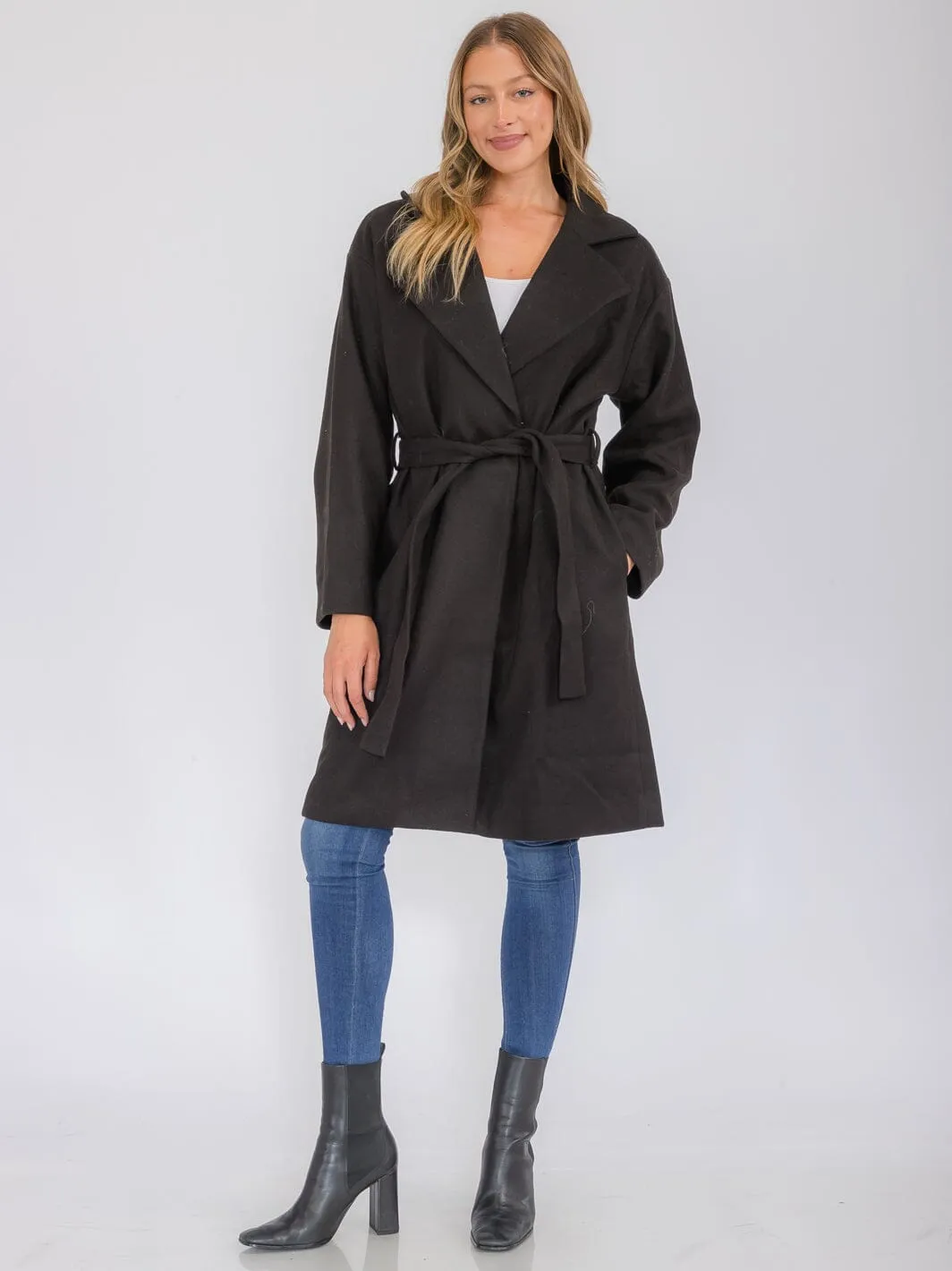 WOMEN'S LONG SLEEVE BUTTON CLOSURE POCKETS SELF TIE COAT