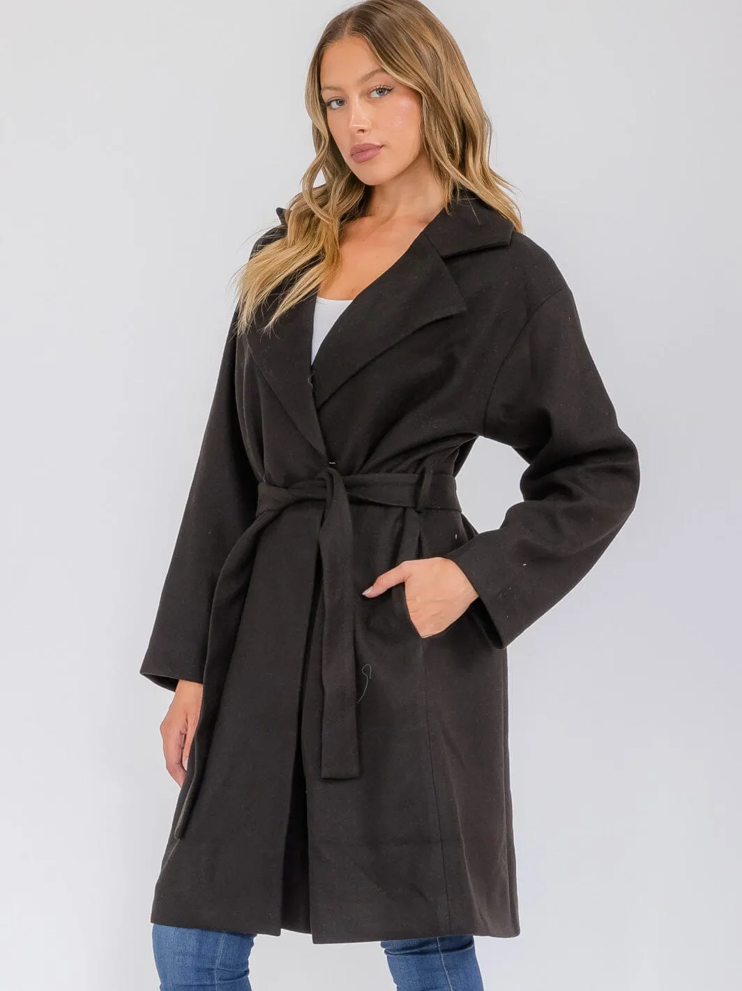 WOMEN'S LONG SLEEVE BUTTON CLOSURE POCKETS SELF TIE COAT