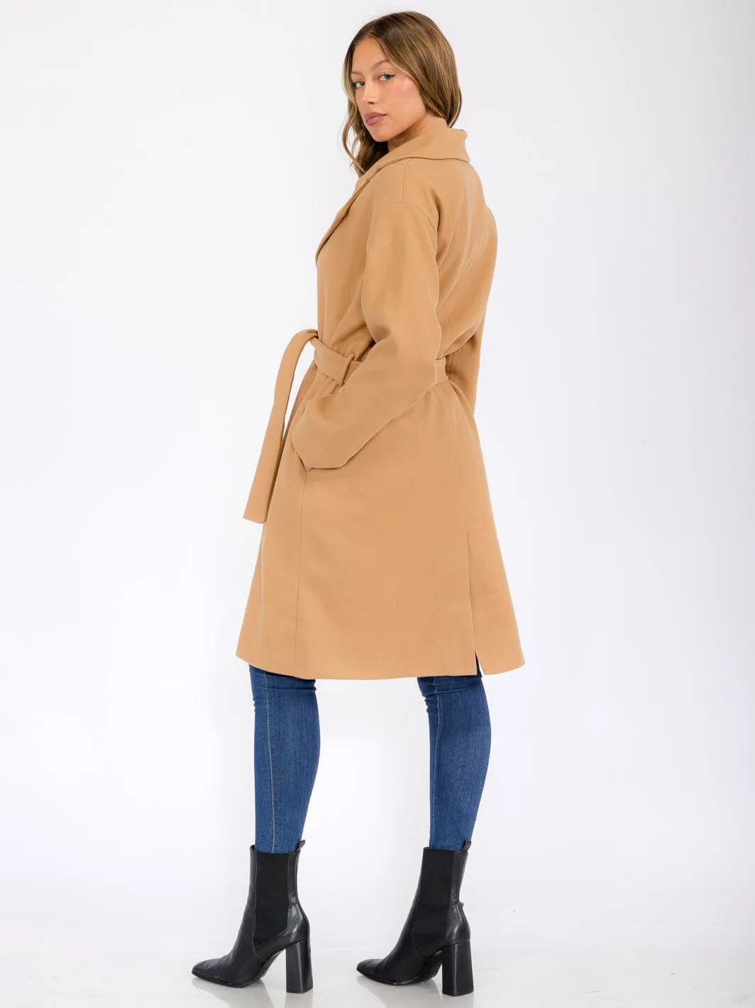 WOMEN'S LONG SLEEVE BUTTON CLOSURE POCKETS SELF TIE COAT