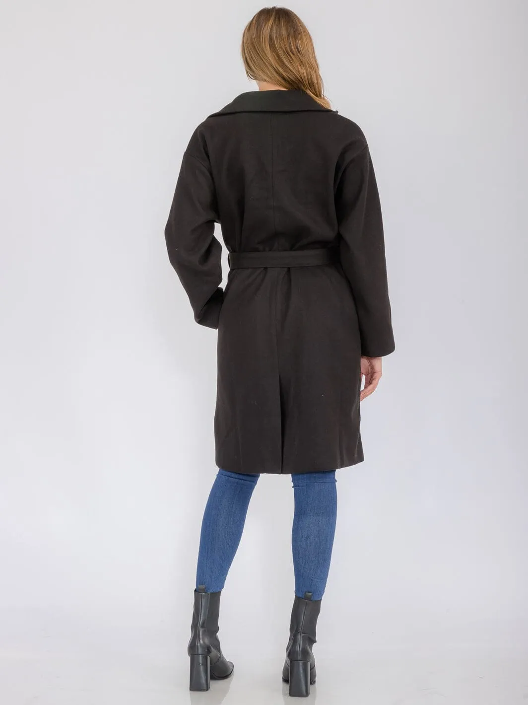 WOMEN'S LONG SLEEVE BUTTON CLOSURE POCKETS SELF TIE COAT