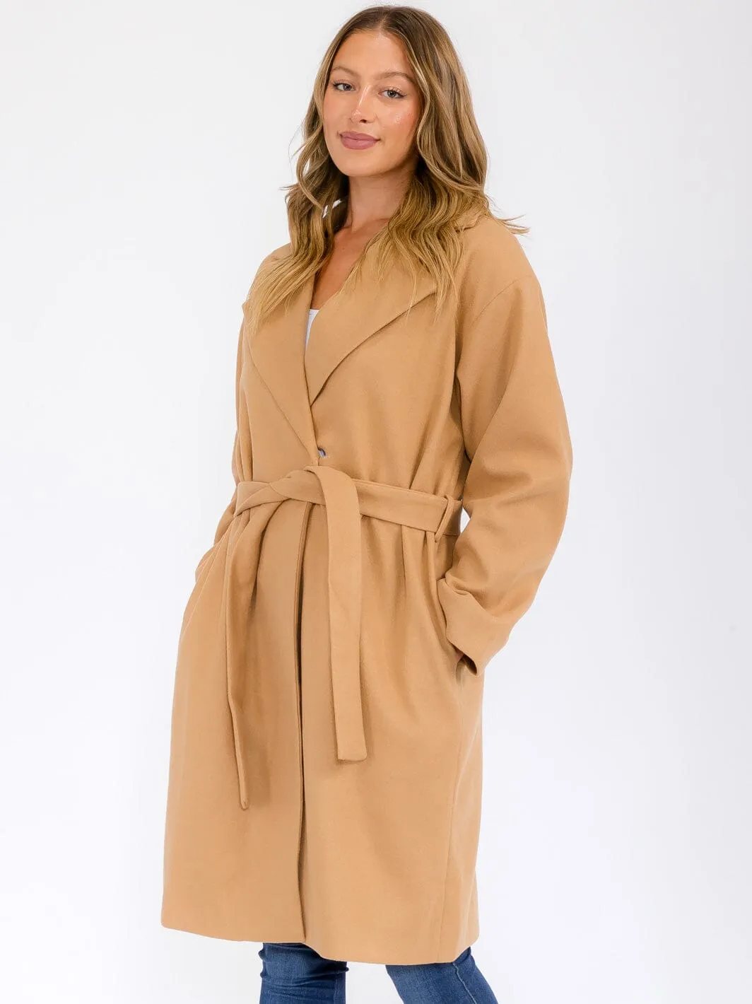 WOMEN'S LONG SLEEVE BUTTON CLOSURE POCKETS SELF TIE COAT