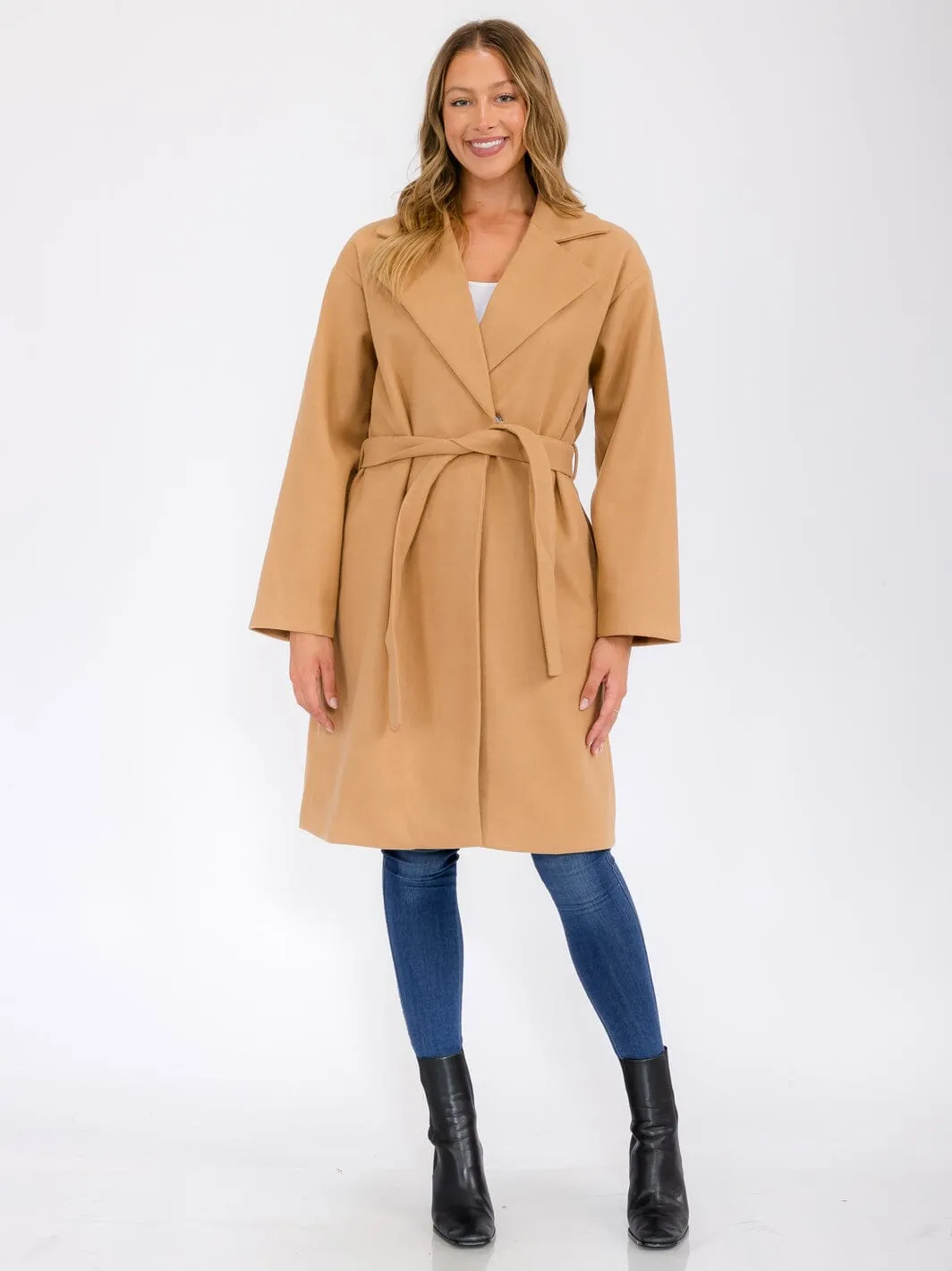 WOMEN'S LONG SLEEVE BUTTON CLOSURE POCKETS SELF TIE COAT