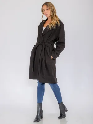 WOMEN'S LONG SLEEVE BUTTON CLOSURE POCKETS SELF TIE COAT