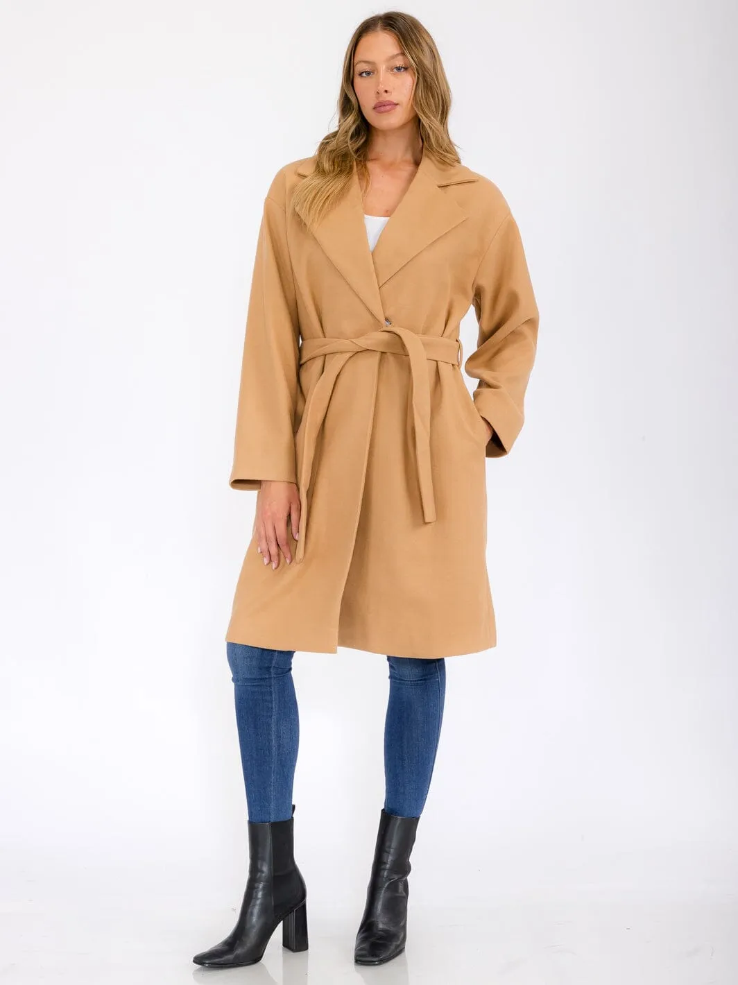 WOMEN'S LONG SLEEVE BUTTON CLOSURE POCKETS SELF TIE COAT