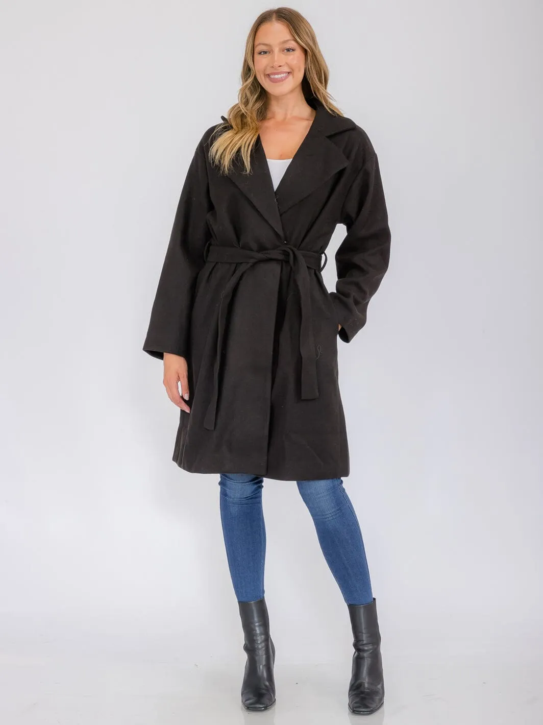 WOMEN'S LONG SLEEVE BUTTON CLOSURE POCKETS SELF TIE COAT