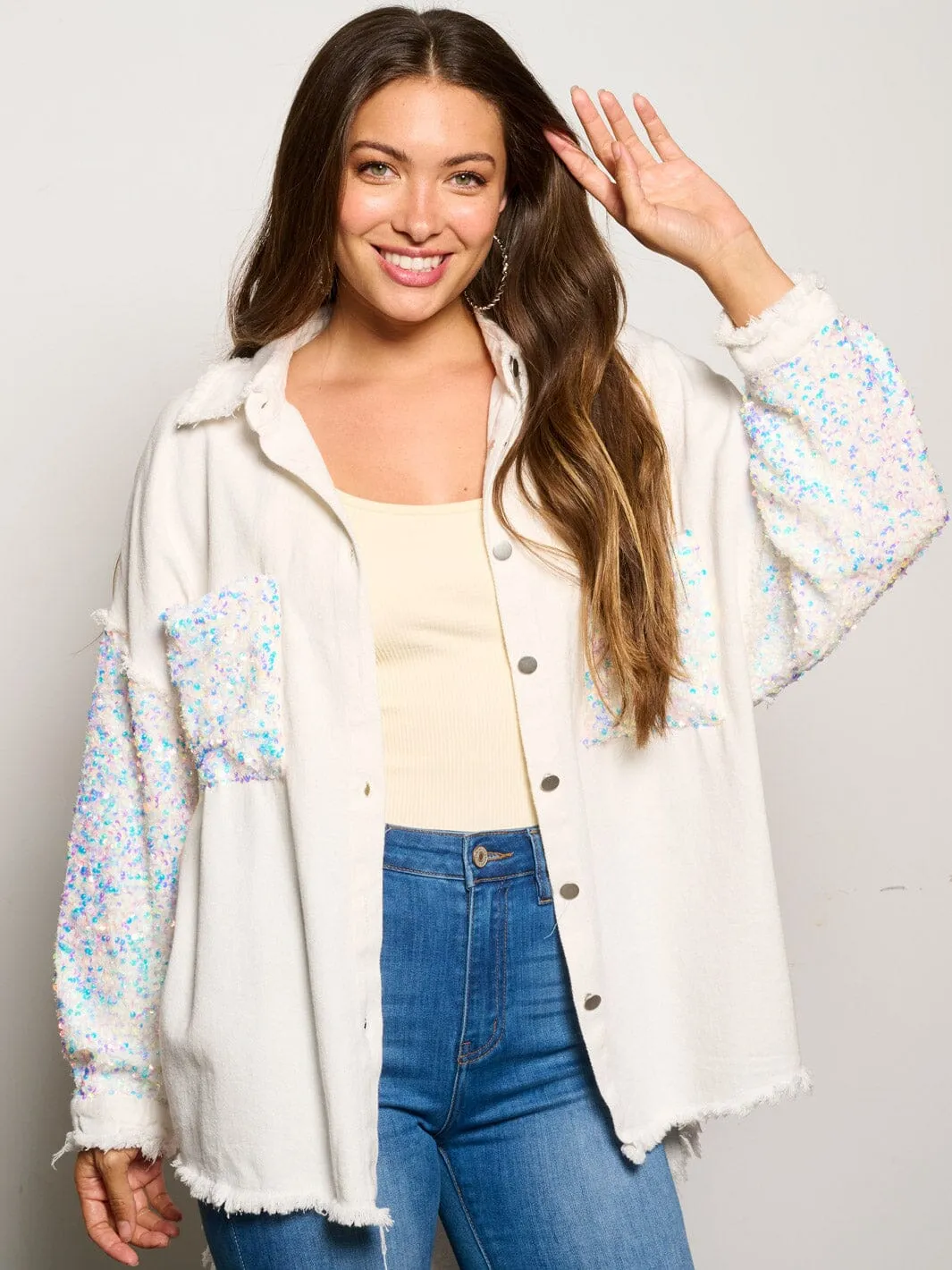 WOMEN'S LONG SLEEVE BUTTON CLOSURE SEQUINS POCKETS DENIM JACKET