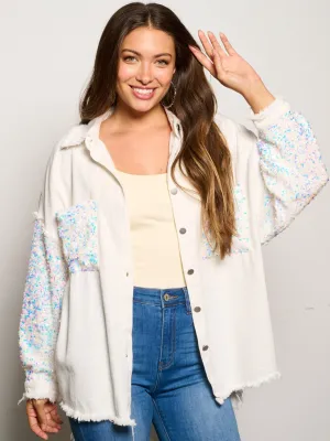 WOMEN'S LONG SLEEVE BUTTON CLOSURE SEQUINS POCKETS DENIM JACKET