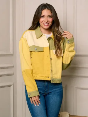 WOMEN'S LONG SLEEVE BUTTON UP COLORBLOCK DENIM JACKET