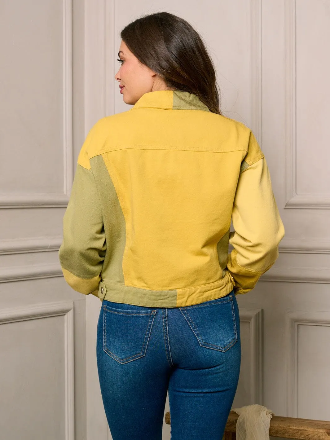 WOMEN'S LONG SLEEVE BUTTON UP COLORBLOCK DENIM JACKET