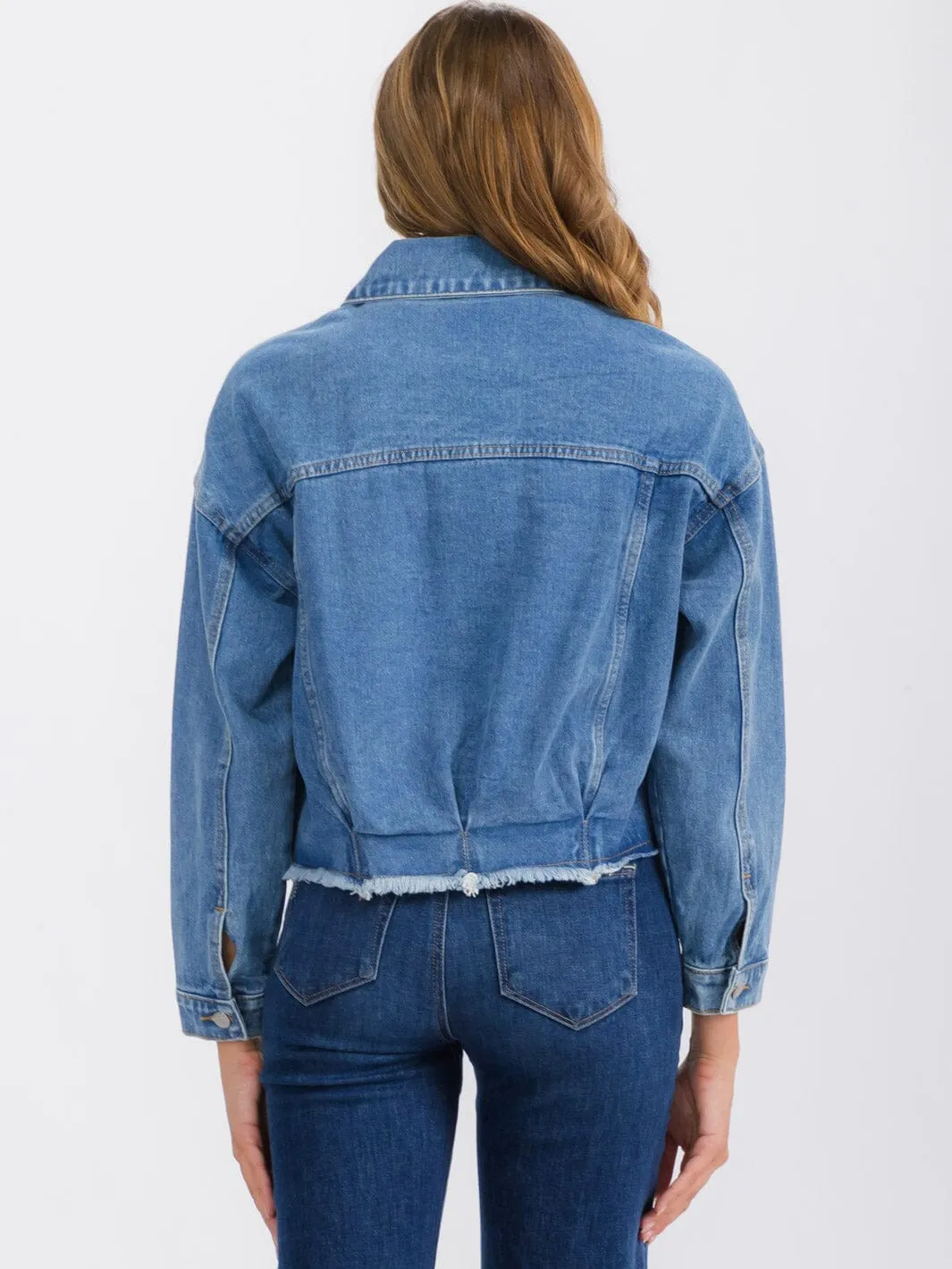 WOMEN'S LONG SLEEVE BUTTON UP FRONT POCKET RAW EDGE DENIM JACKET