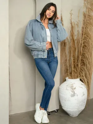 WOMEN'S LONG SLEEVE PUFFER VARSITY DENIM JACKET