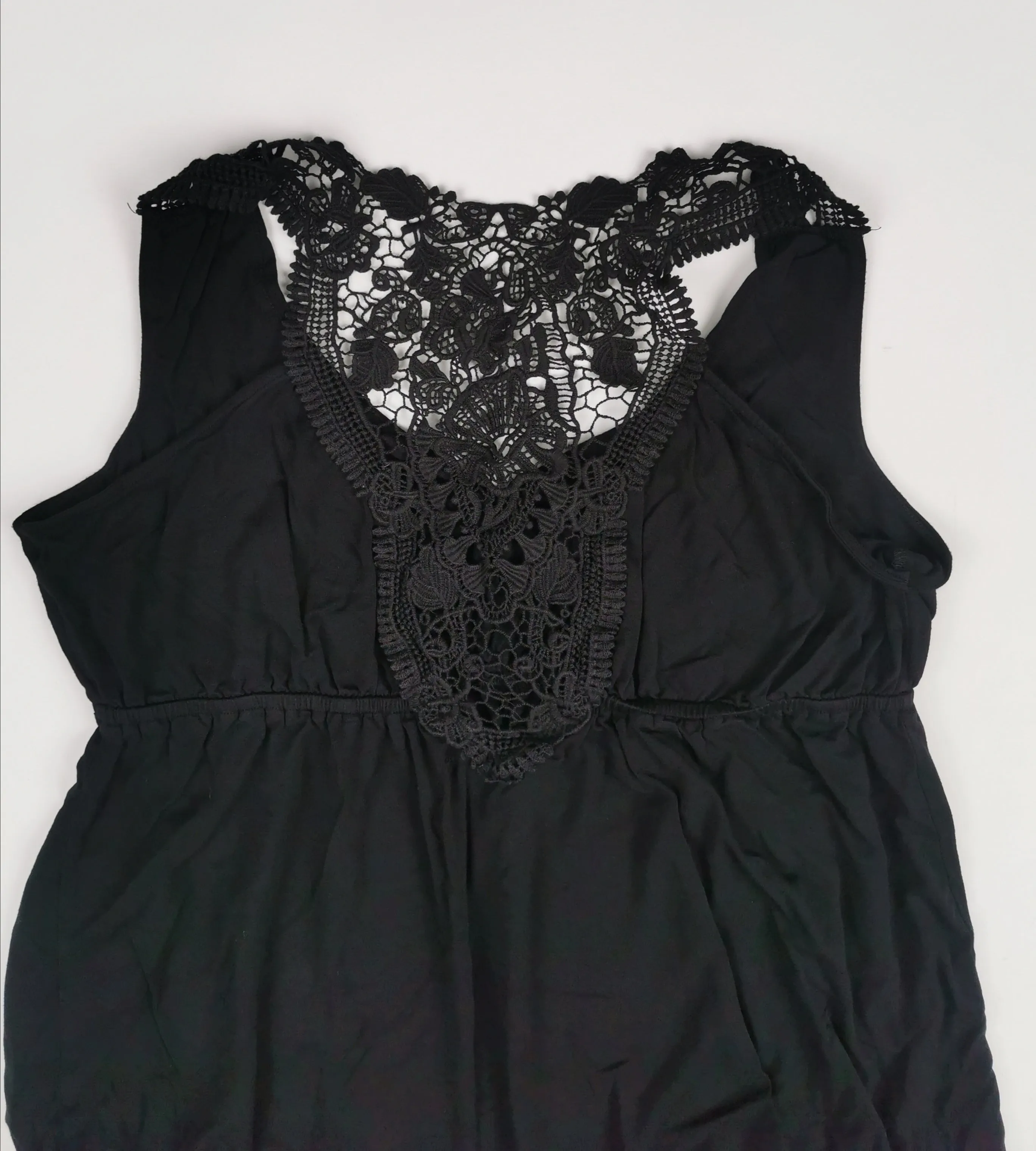 WOMENS SIZE LARGE - CABLE & GAUGE, Babydoll Fit, Soft, Crochet, Black Flowy Dress Top EUC B44