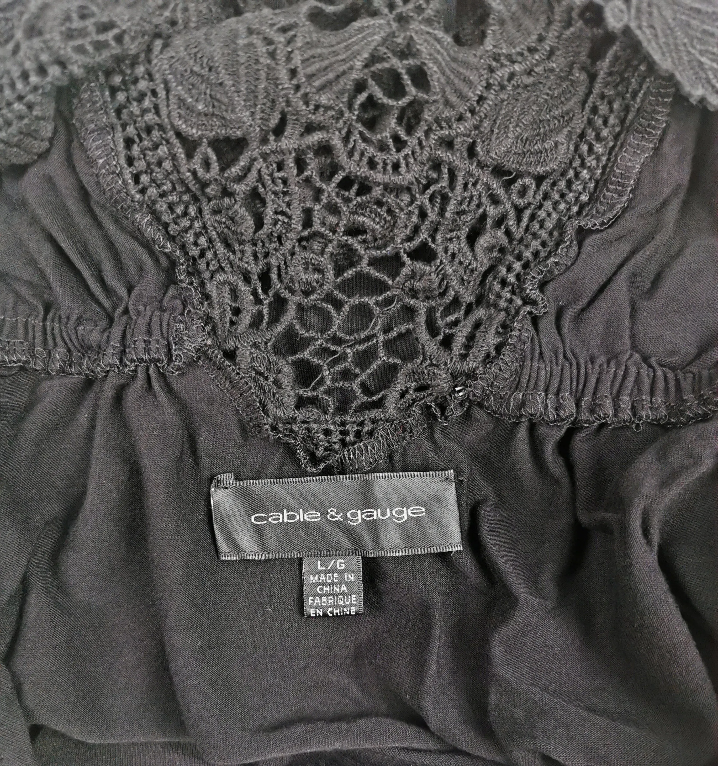 WOMENS SIZE LARGE - CABLE & GAUGE, Babydoll Fit, Soft, Crochet, Black Flowy Dress Top EUC B44