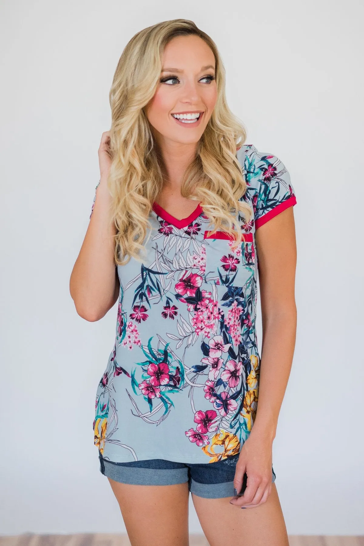 Work of Art Floral Pocket Top- Light Blue