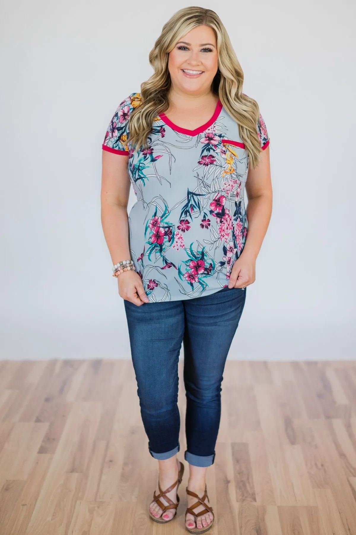Work of Art Floral Pocket Top- Light Blue