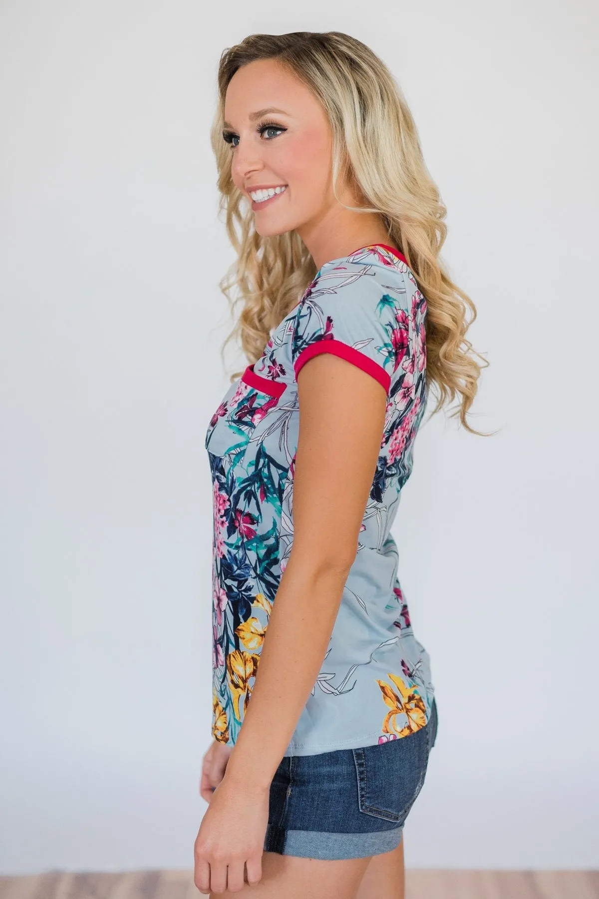 Work of Art Floral Pocket Top- Light Blue