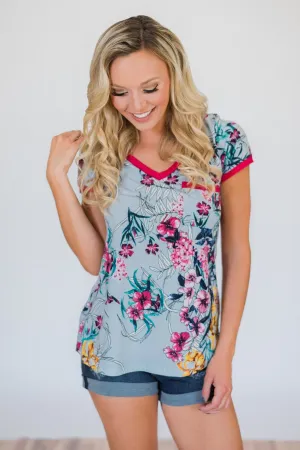 Work of Art Floral Pocket Top- Light Blue