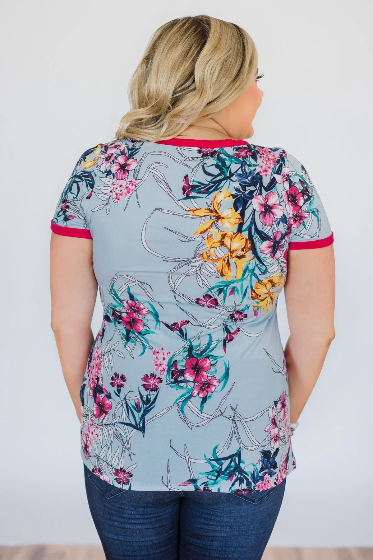 Work of Art Floral Pocket Top- Light Blue