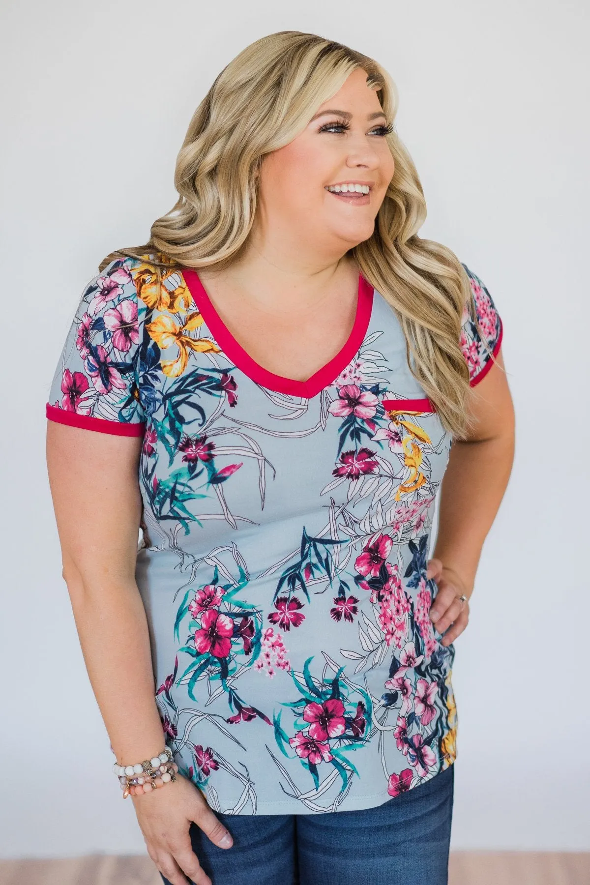 Work of Art Floral Pocket Top- Light Blue