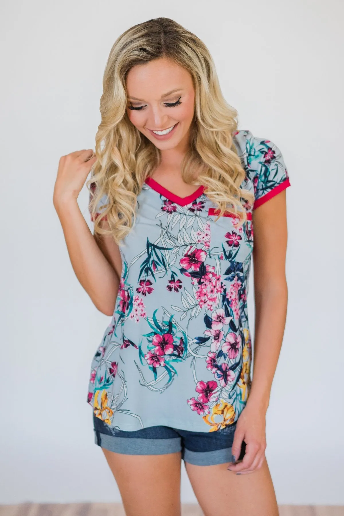 Work of Art Floral Pocket Top- Light Blue