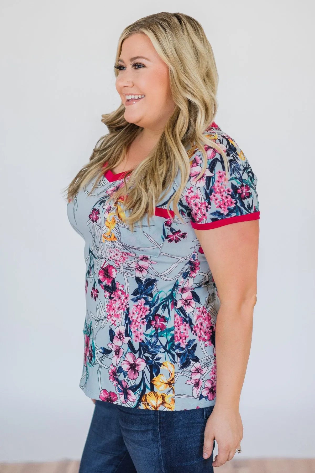 Work of Art Floral Pocket Top- Light Blue
